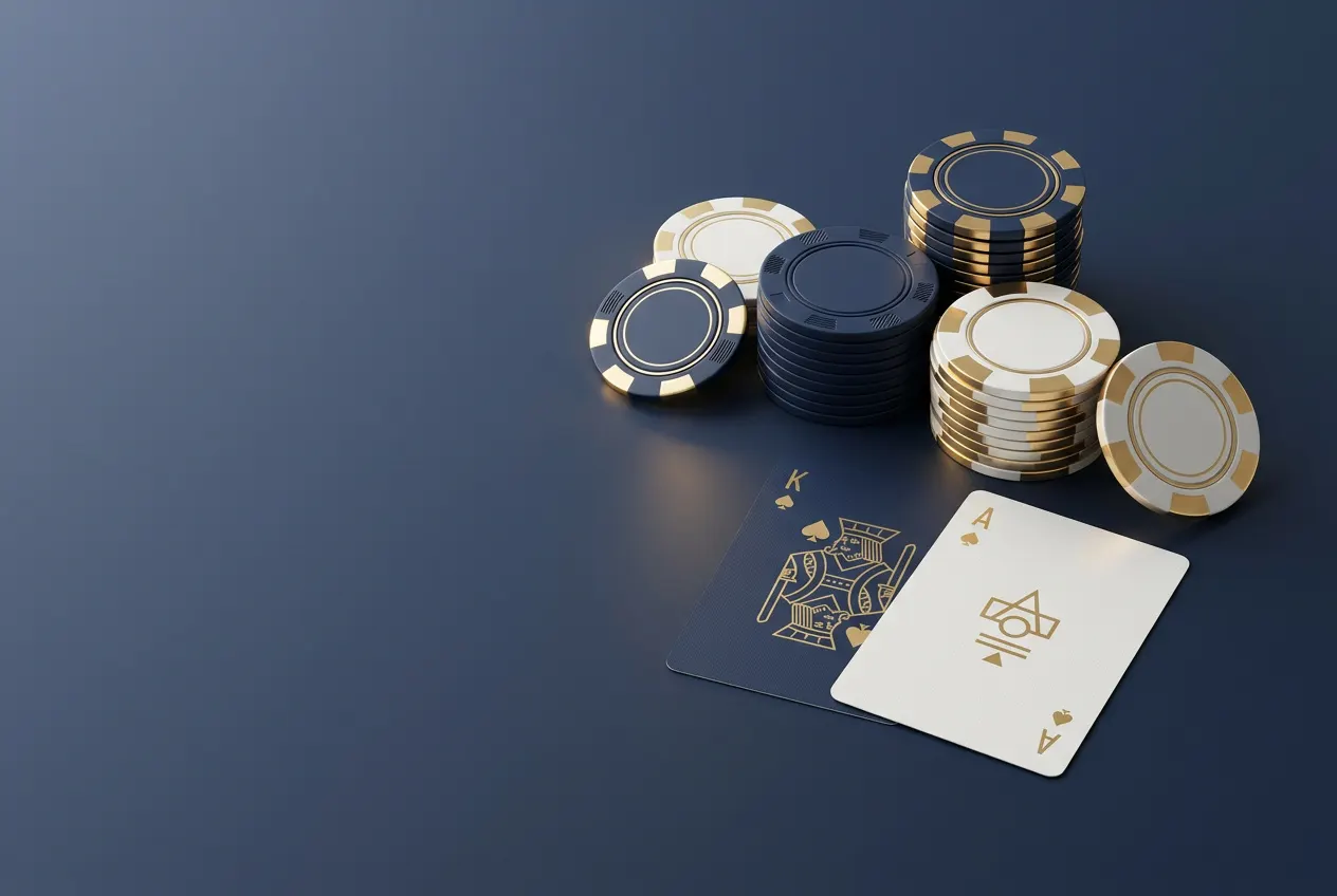Casinojetoner og spillekort på en mørkeblå overflade